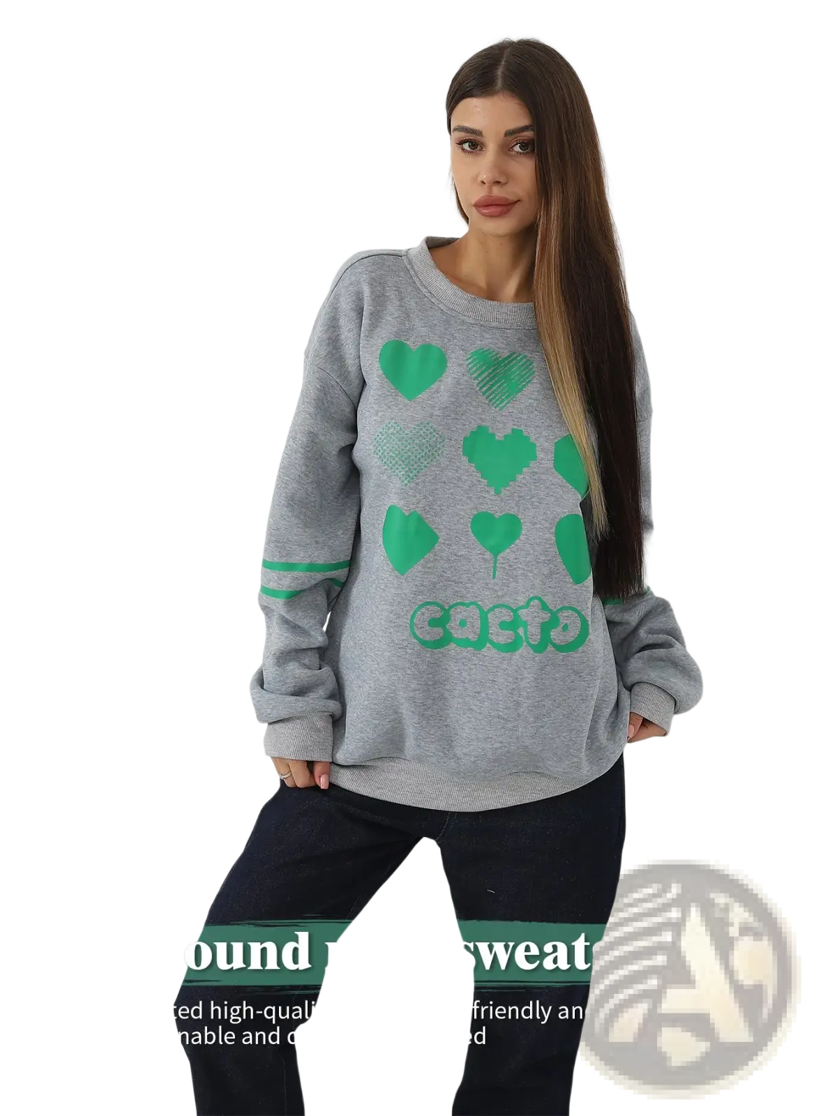 Gray oversized round-neck sweatshirt featuring a green heart and cacto graphic print in soft fabric