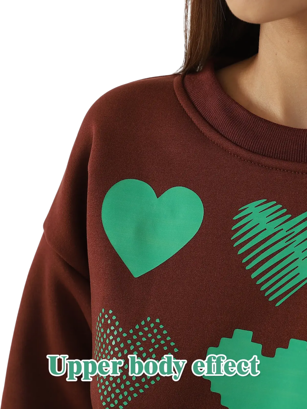 Brown oversized sweatshirt featuring vibrant green solid and outlined heart graphics in a comfortable cotton blend