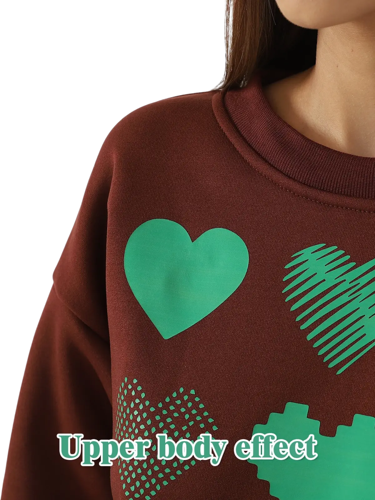 Brown oversized sweatshirt featuring vibrant green solid and outlined heart graphics in a comfortable cotton blend