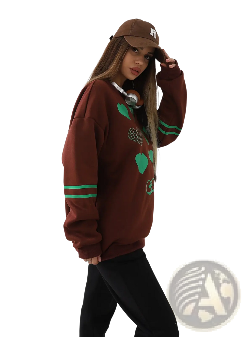 Brown oversized heart pattern graphic sweatshirt with green heart geometric designs and two horizontal sleeve stripes