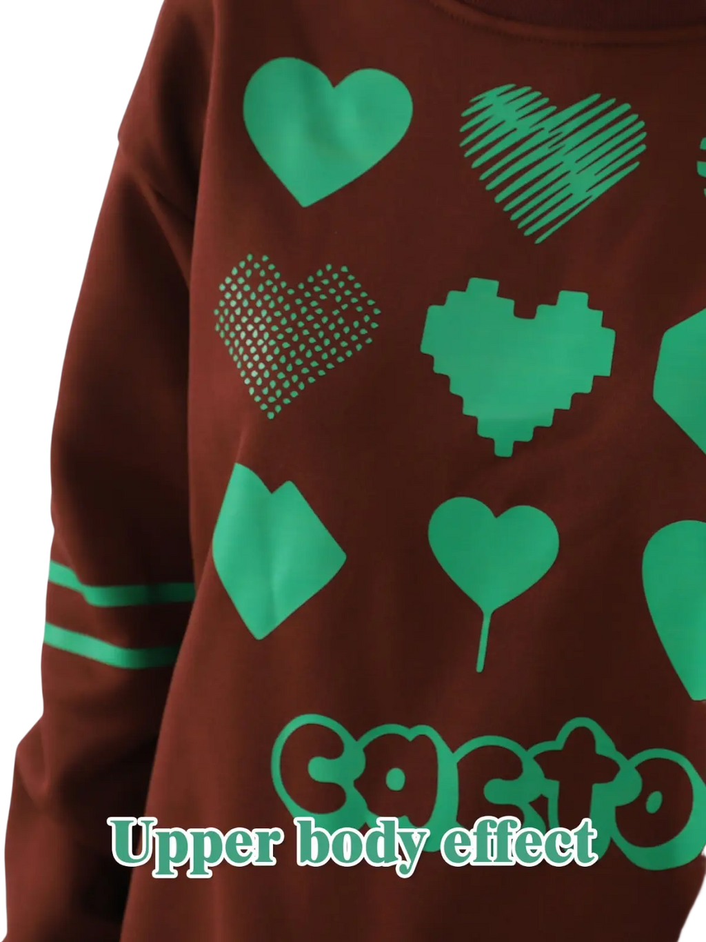 Brown oversized sweatshirt with green heart pattern graphics in various styles on soft cotton fabric