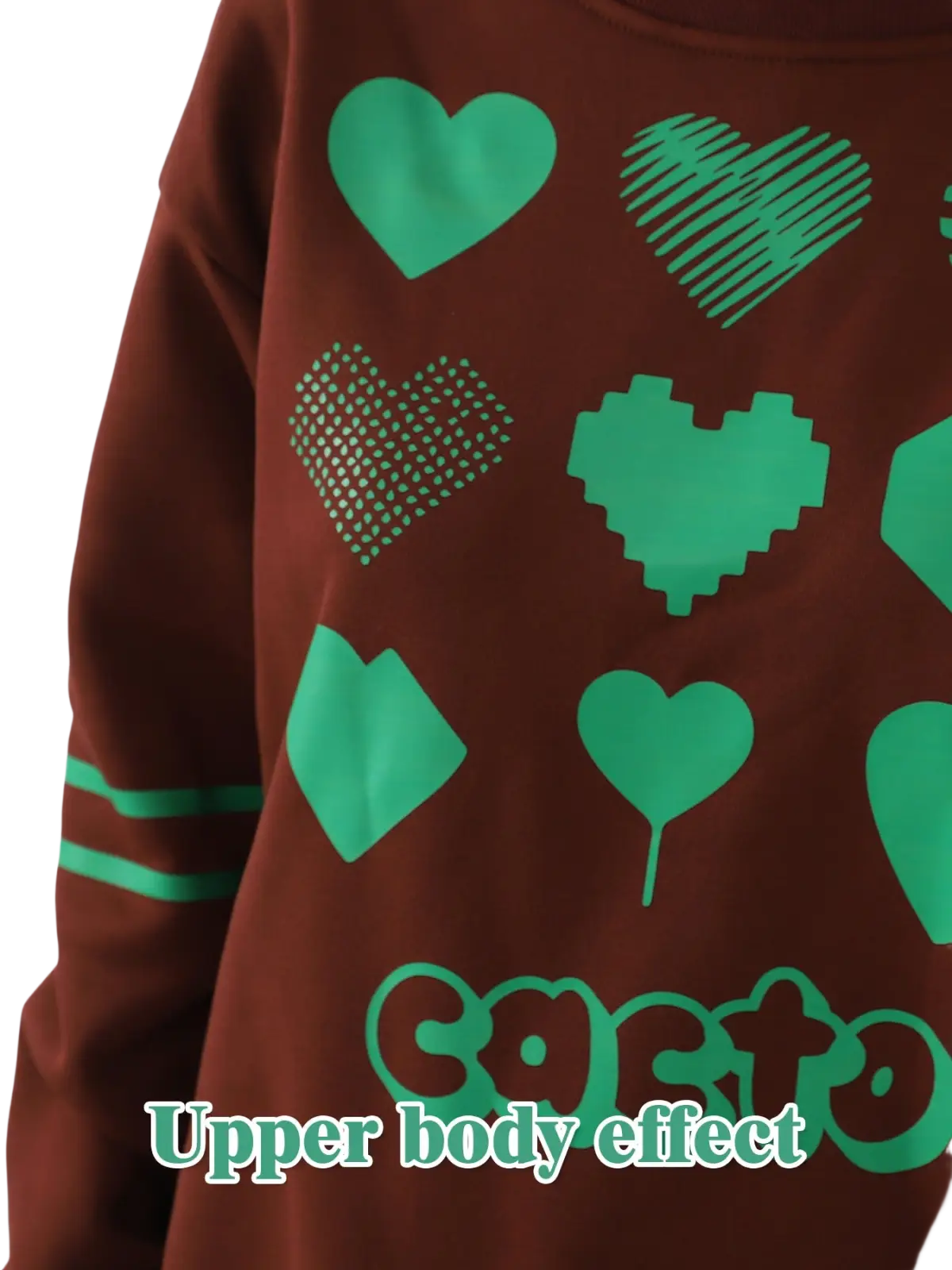 Brown oversized sweatshirt with green heart pattern graphics in various styles on soft cotton fabric