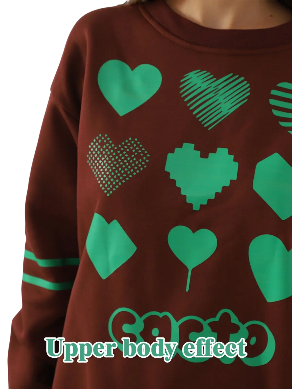 Brown oversized heart pattern graphic sweatshirt featuring playful green hearts in solid, striped, pixelated, and dotted styles