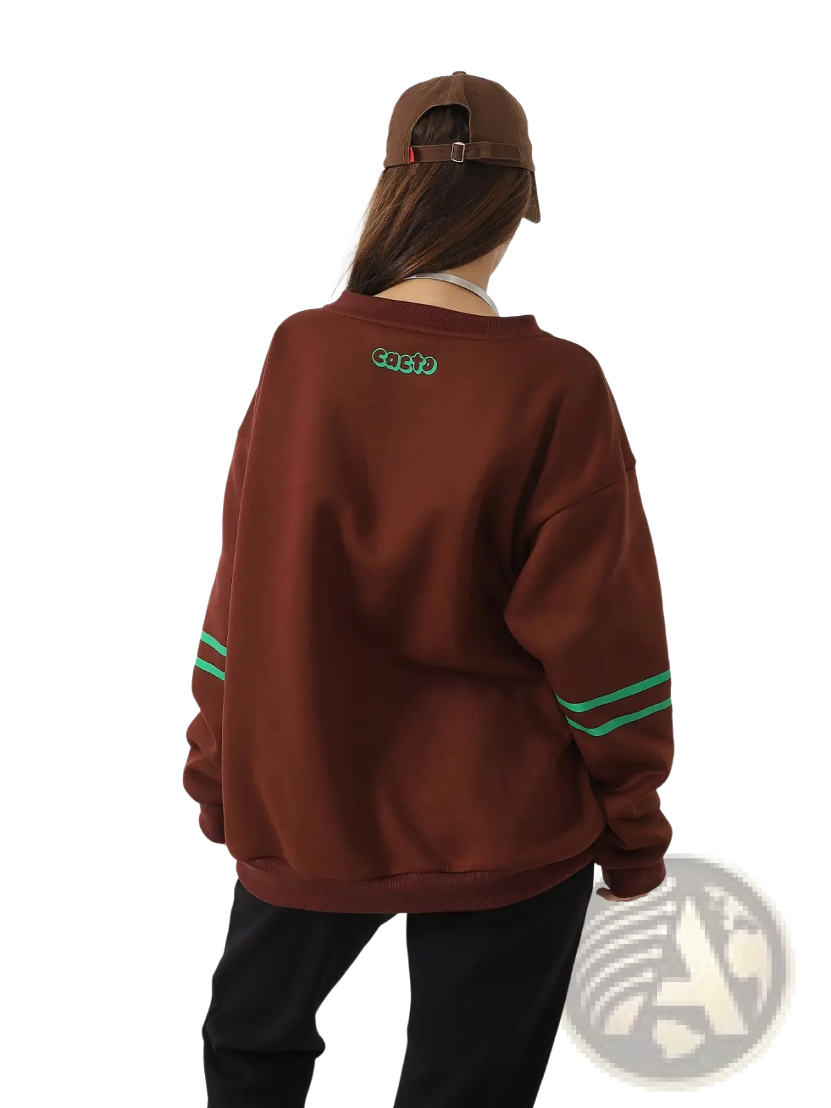 Back view of brown oversized heart pattern graphic sweatshirt with green striped cuffs and small embroidered logo