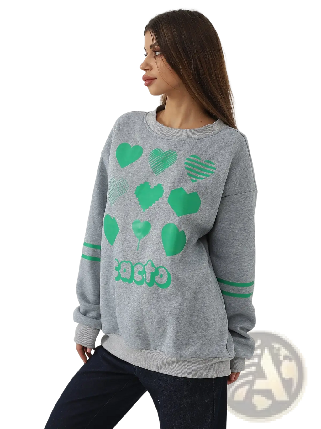 Oversized gray sweatshirt with green heart graphic and striped cuffs featuring a comfortable cotton blend material
