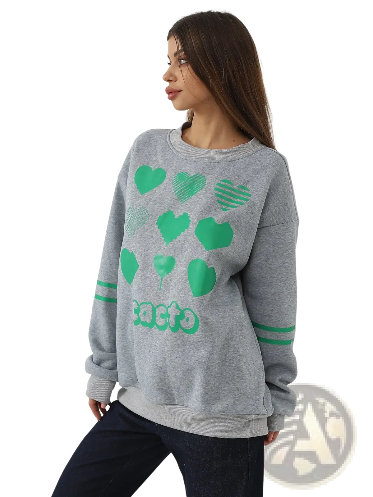 Oversized gray sweatshirt with green heart graphic and striped cuffs featuring a comfortable cotton blend material