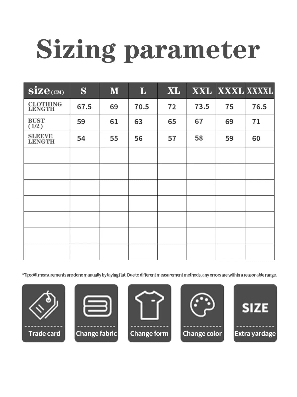 Sizing parameter chart in centimeters for oversized heart pattern graphic sweatshirt in sizes s to xxxxl