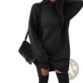 Black oversized high neck knit sweater dress with long sleeves and side cutouts for stylish layering