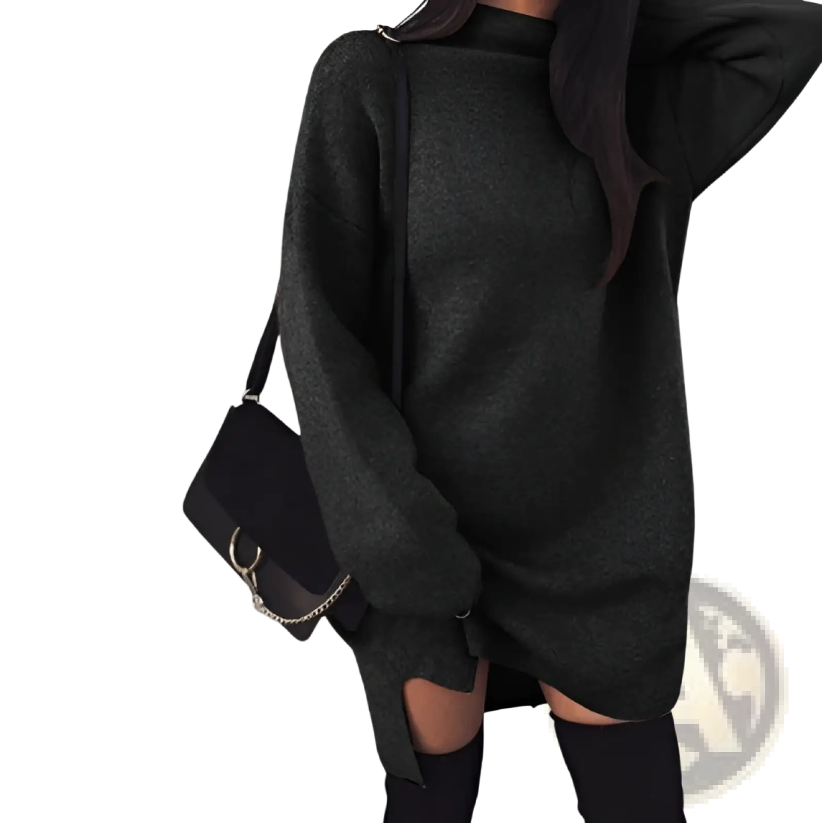 Black oversized high neck knit sweater dress with long sleeves and side cutouts for stylish layering