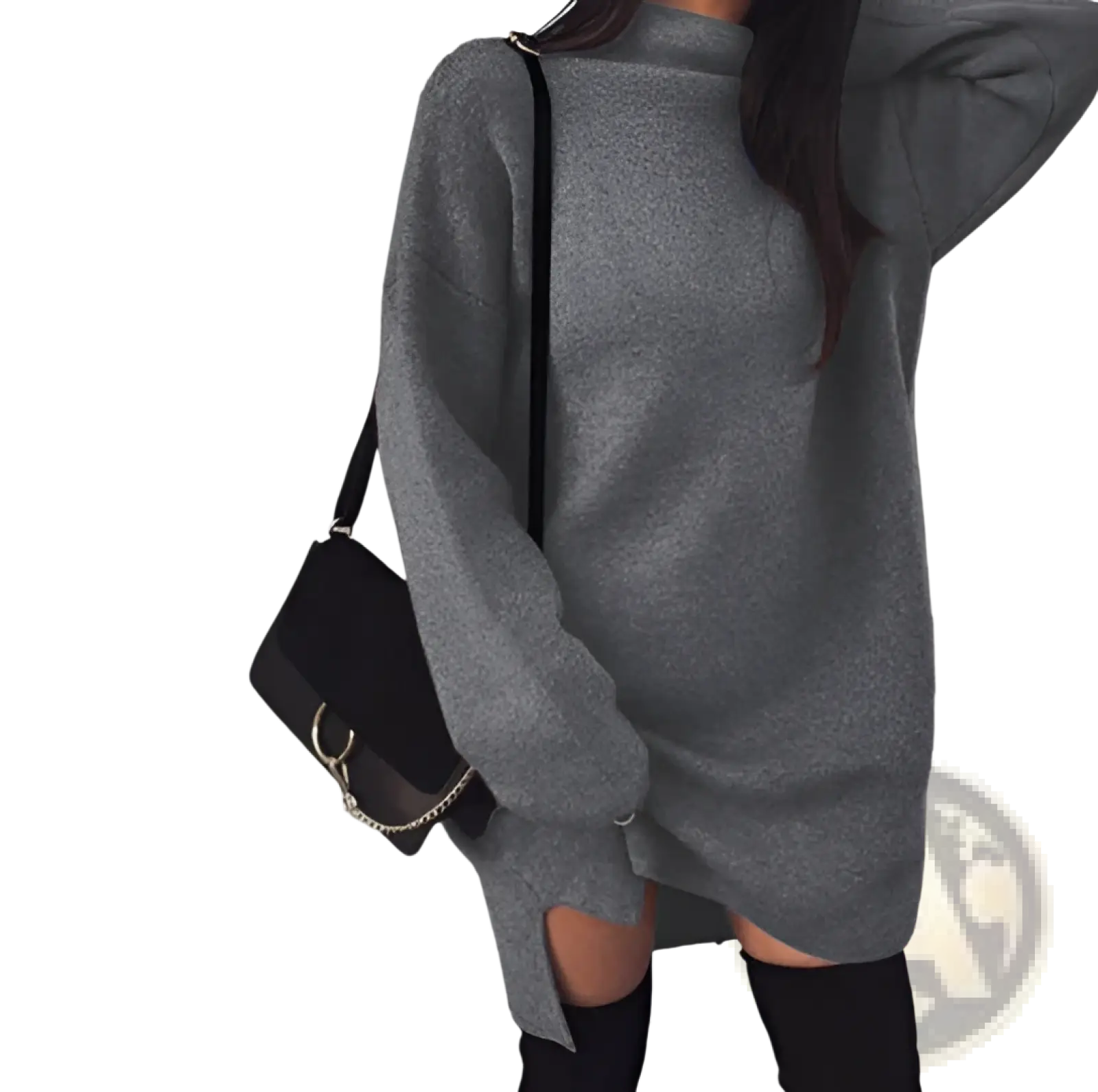 Gray oversized high neck knit sweater dress featuring side slits and cutouts for a stylish casual look