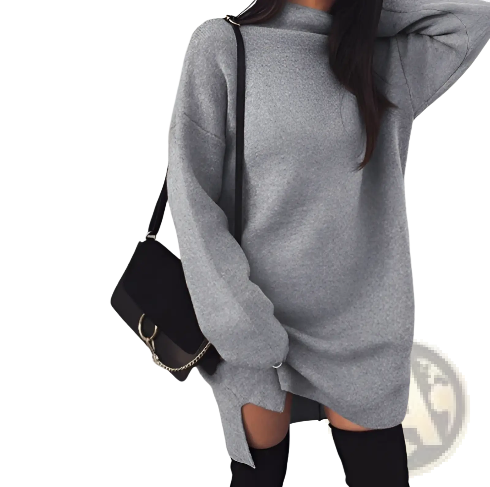 Gray oversized high neck knit sweater dress with long sleeves and side slits in a soft knit material
