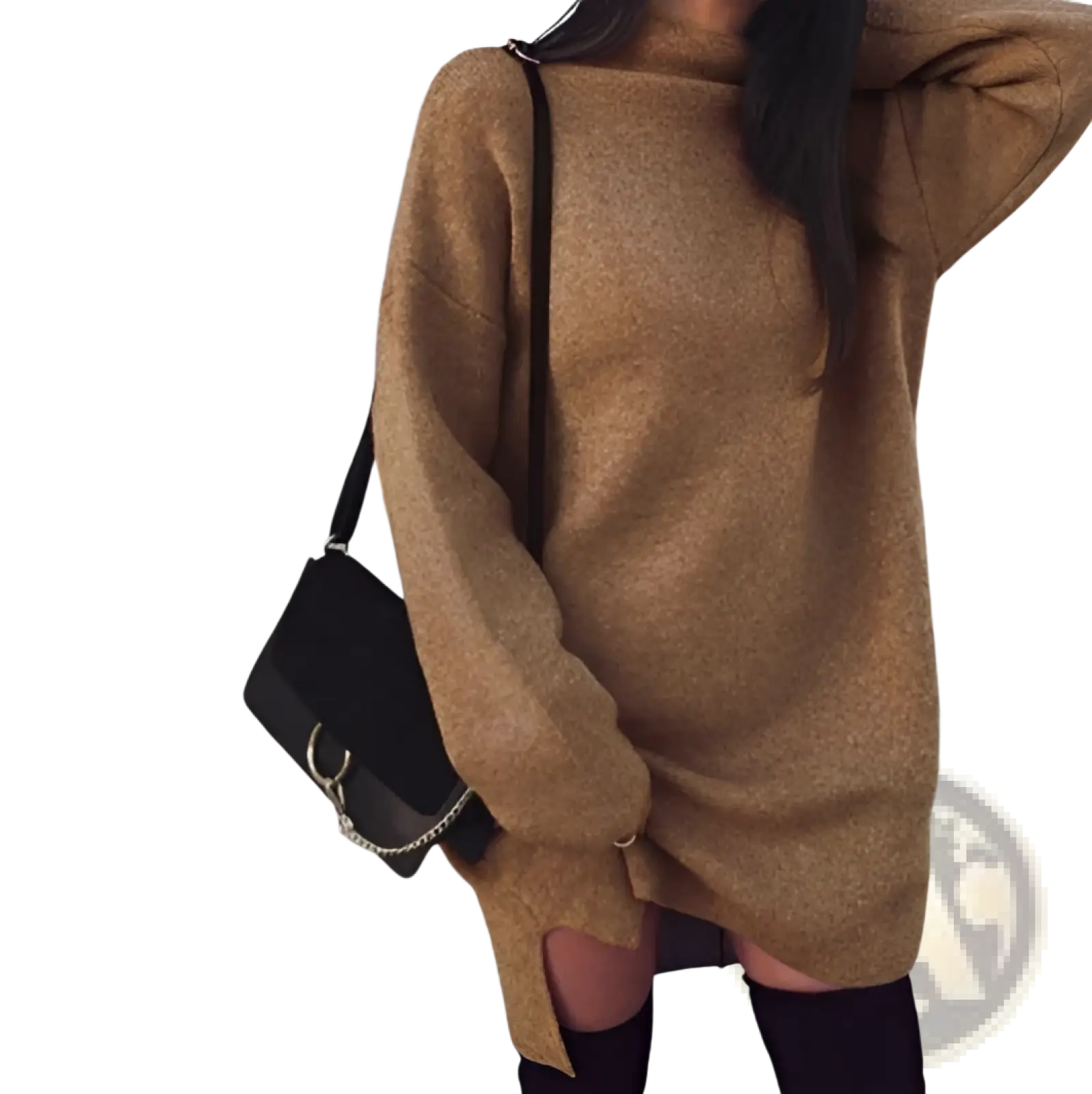 A cozy camel-colored oversized knit sweater dress with high neckline and side slits for comfortable wear