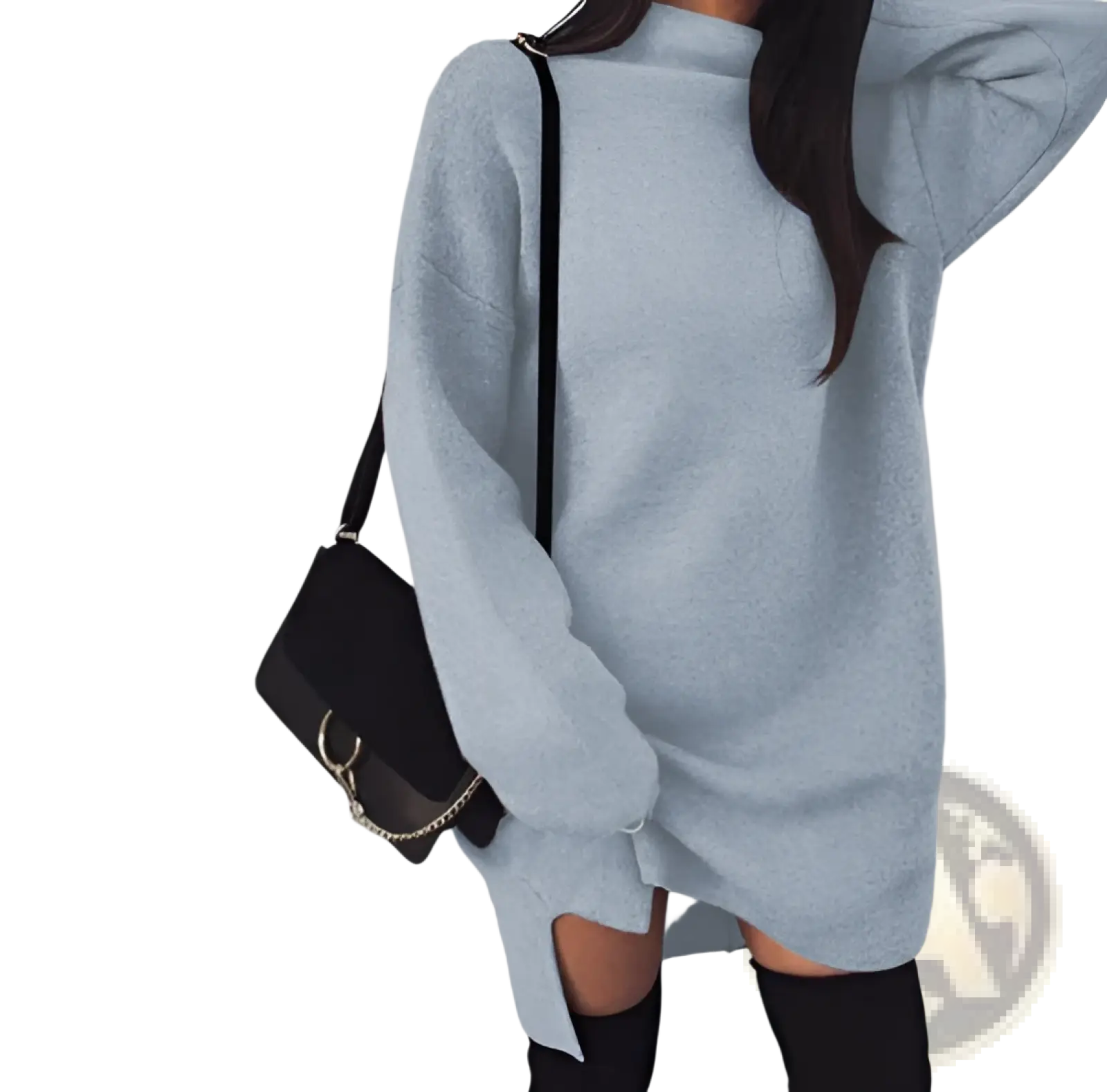 Black shoulder bag with gold-tone chain strap and circular clasp paired with oversized high neck knit sweater dress with side slits