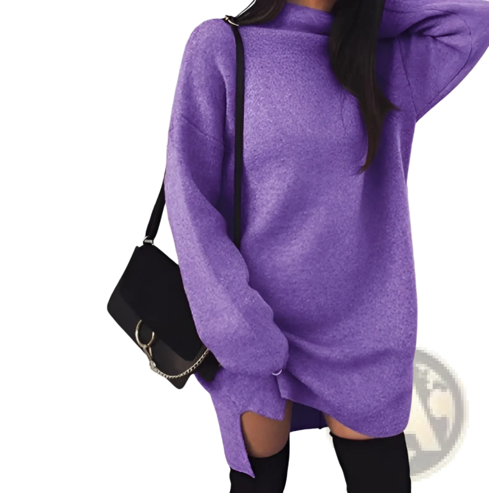 Purple oversized knit sweater dress with high neckline and side slits made from soft knit fabric