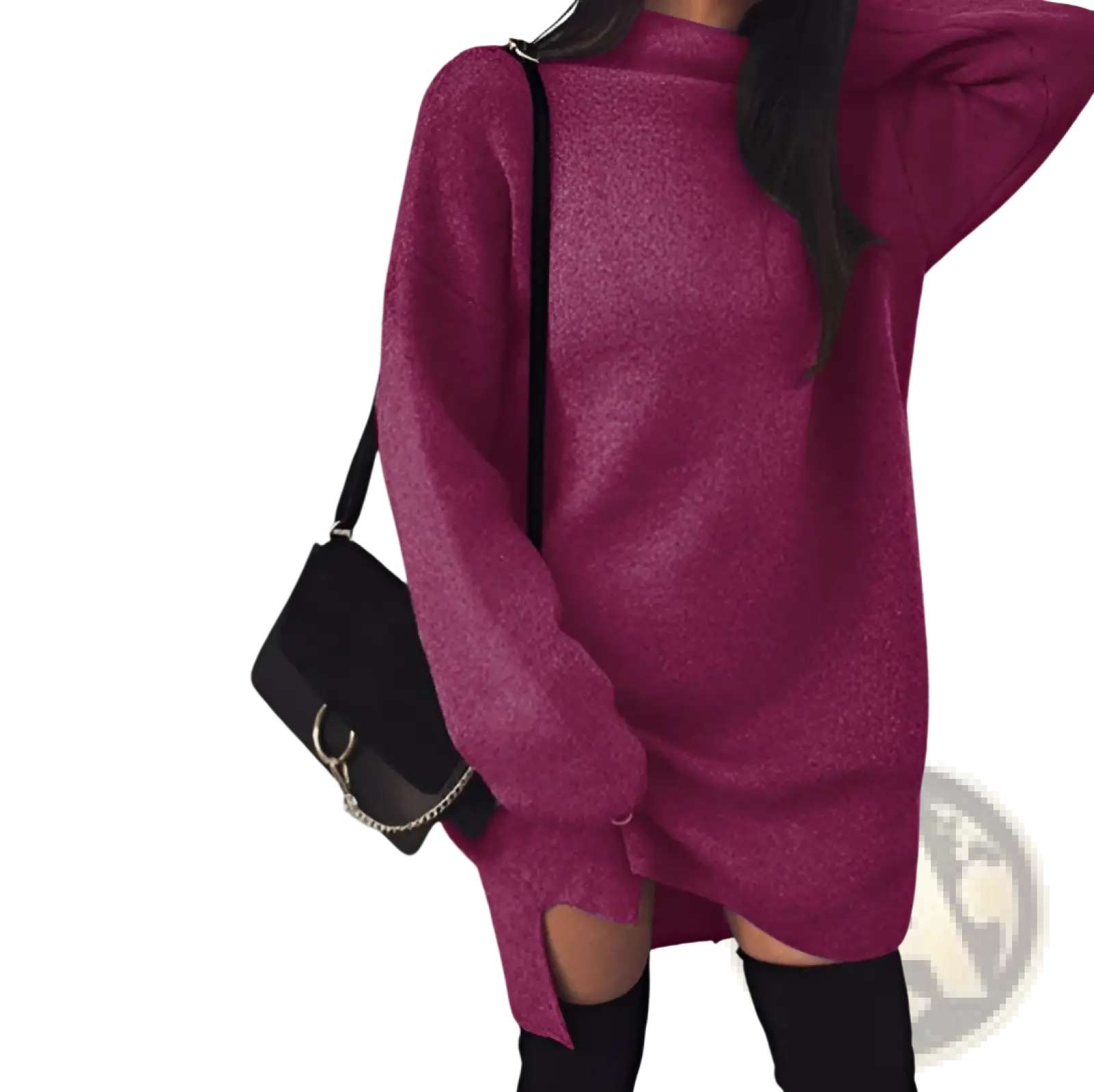 A cozy oversized magenta knit sweater dress with a high neckline and side slits in soft yarn