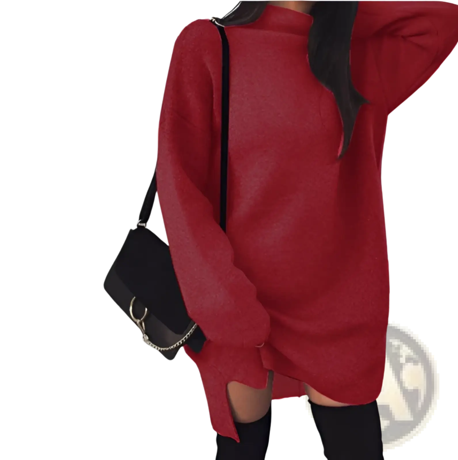 A cozy vibrant red oversized high neck knit sweater dress with long sleeves and side slits
