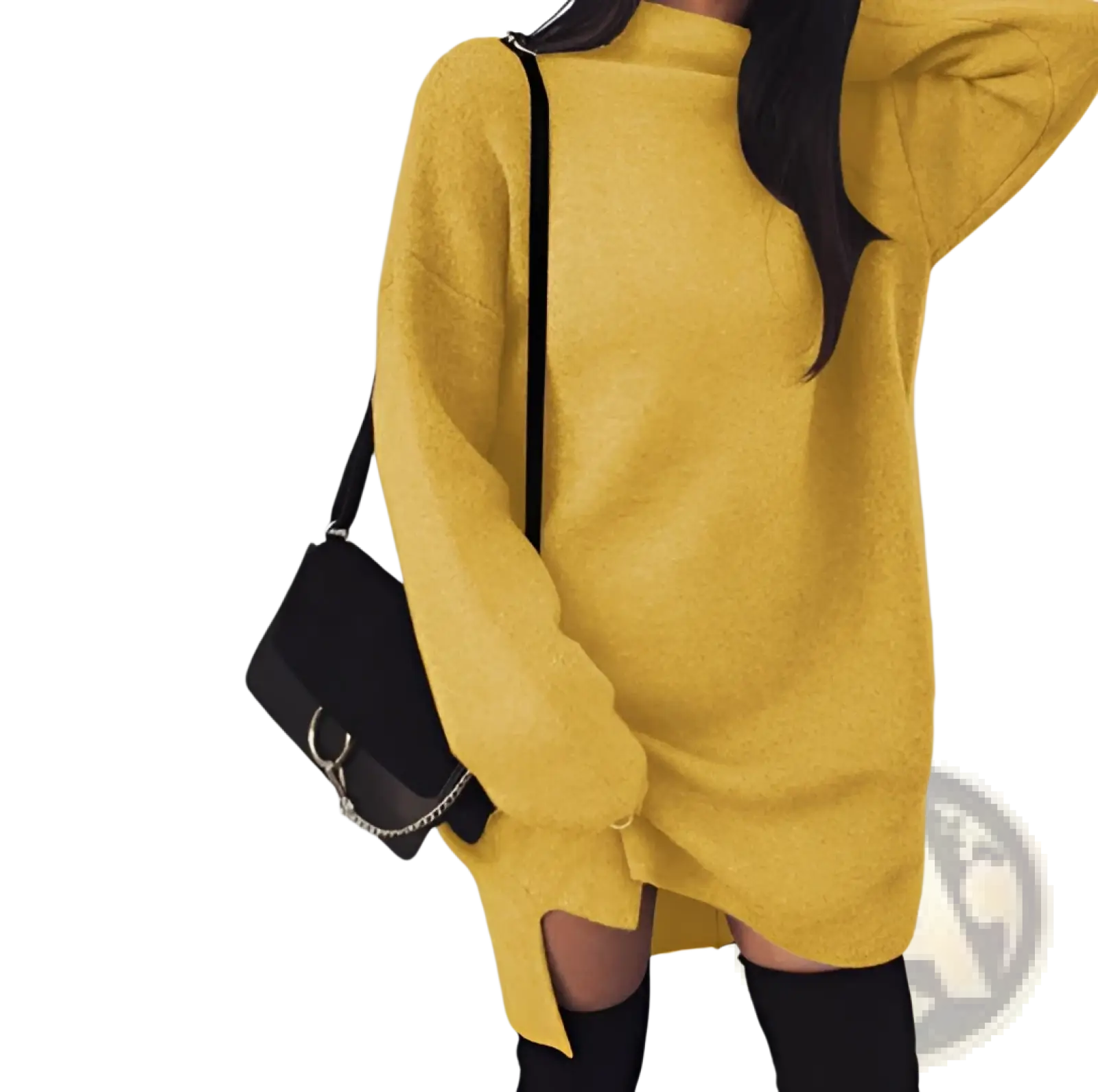 Yellow oversized high neck knit sweater dress with long sleeves and side slits in soft wool blend fabric