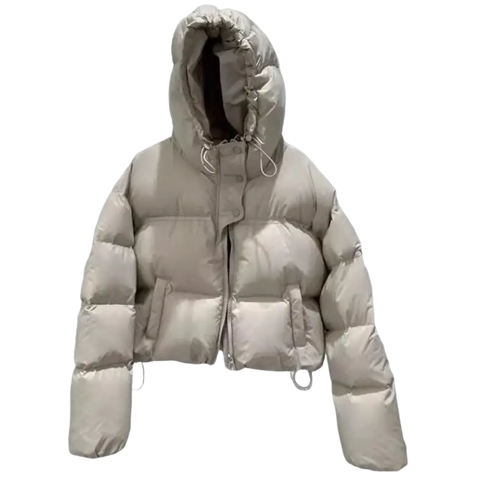 Beige oversized hooded winter puffer jacket with quilted design and drawstring detailing for cold weather