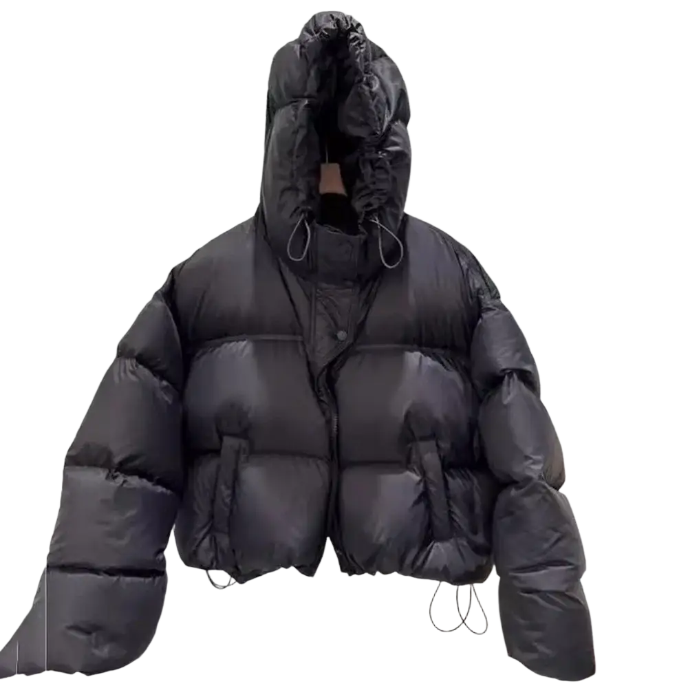 Black oversized hooded winter puffer jacket with quilted design and drawstrings at the hem for cold weather use