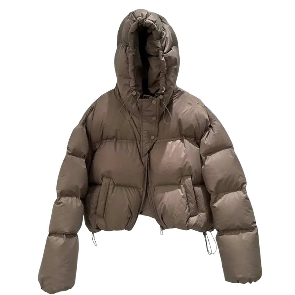 A cozy beige oversized hooded winter puffer jacket with drawstrings designed for cold weather comfort