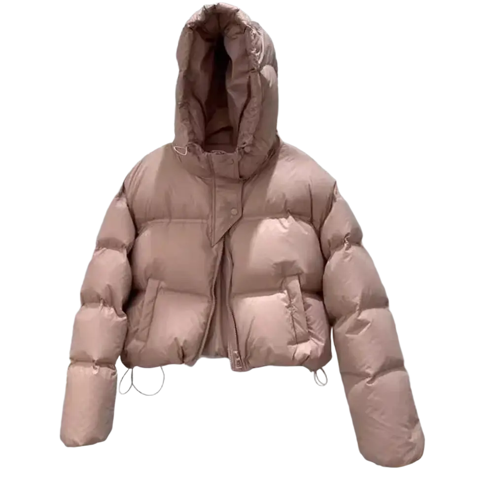 A cozy blush pink oversized hooded winter puffer jacket with a quilted design for cold weather wear