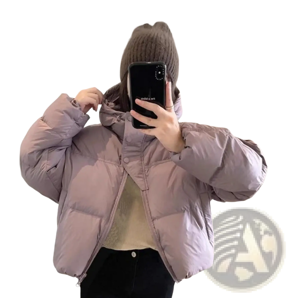 A cozy oversized hooded winter puffer jacket in lavender with buttoned front made of down material