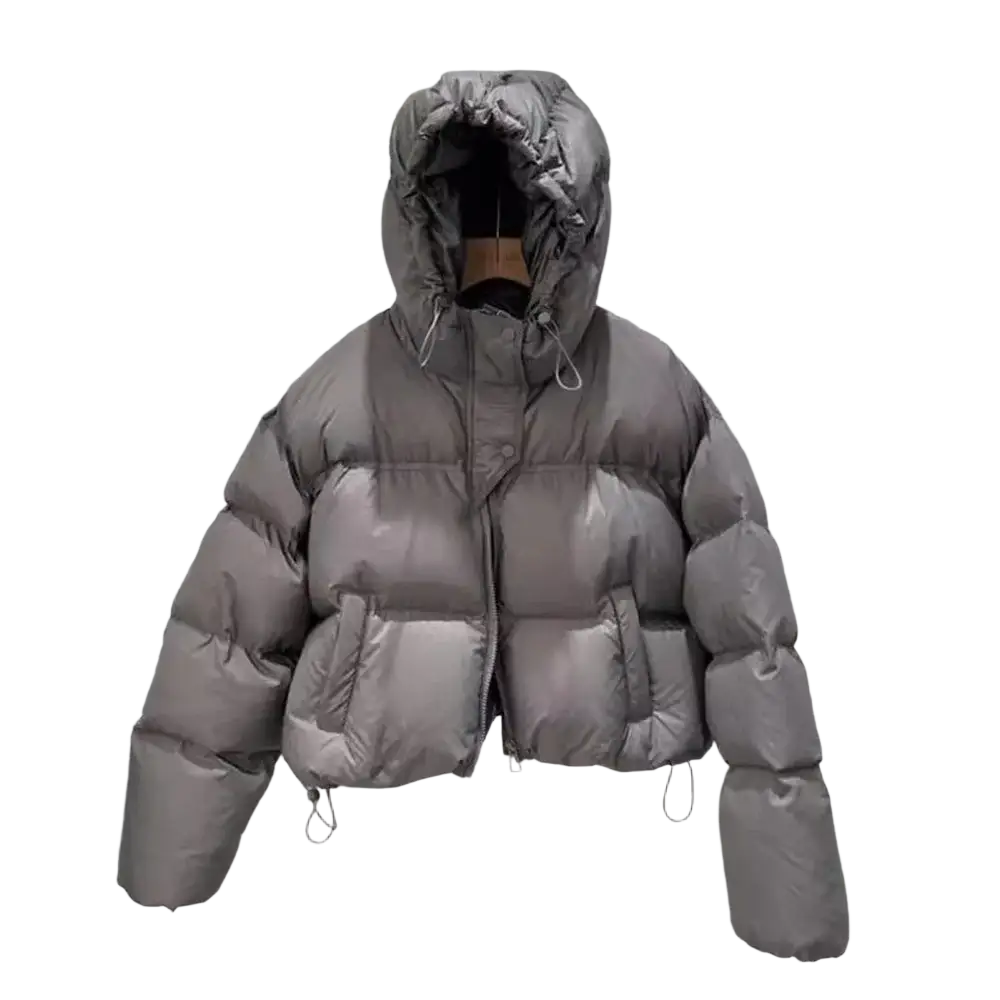 Gray oversized hooded winter puffer jacket with quilted design and drawstrings on cuffs and hem front view