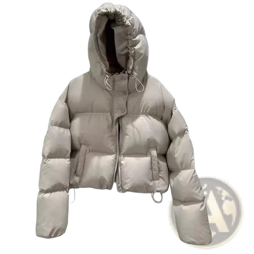 Beige oversized hooded winter puffer jacket with quilted design and drawstring detailing for cold weather