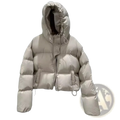Beige oversized hooded winter puffer jacket with quilted design and drawstring detailing for cold weather