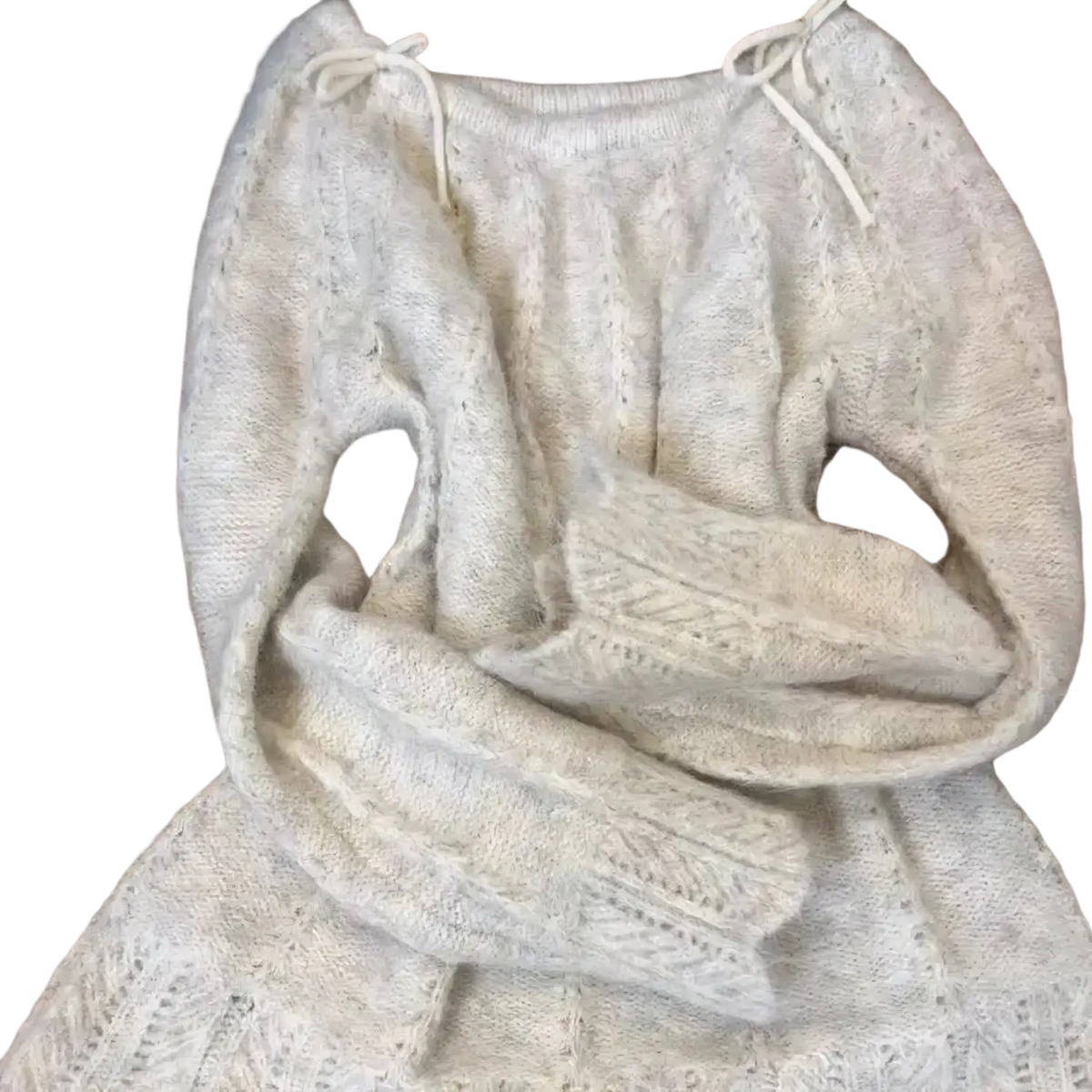 Cream-colored oversized knit sweater with cable knit patterns and waist drawstrings korean fashion winter pullover