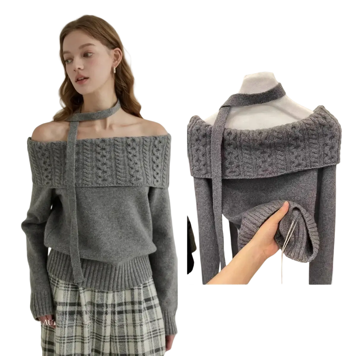 Gray off-the-shoulder knit sweater with textured cable-knit band and tie straps oversized Korean winter pullover