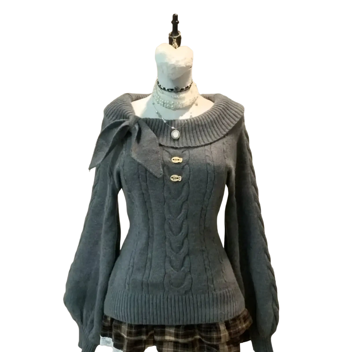 Gray cable knit oversized knit sweater for women with wide collar bow detail and gold toned buttons winter pullover