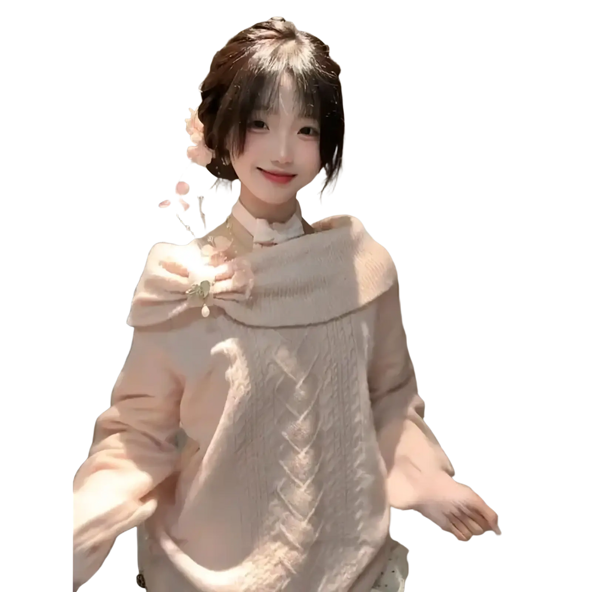 Soft blush pink oversized knit sweater with wide ribbed collar and floral brooch for winter Korean fashion women