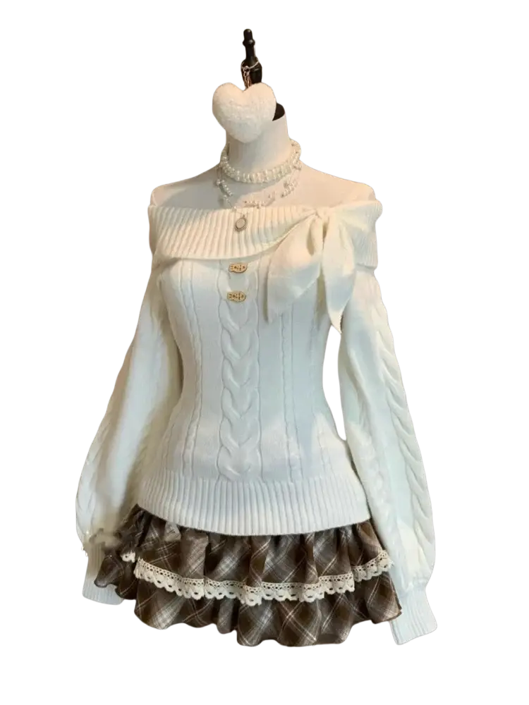 White off-the-shoulder cable-knit oversized knit sweater with gold buttons and bow detail in korean winter fashion