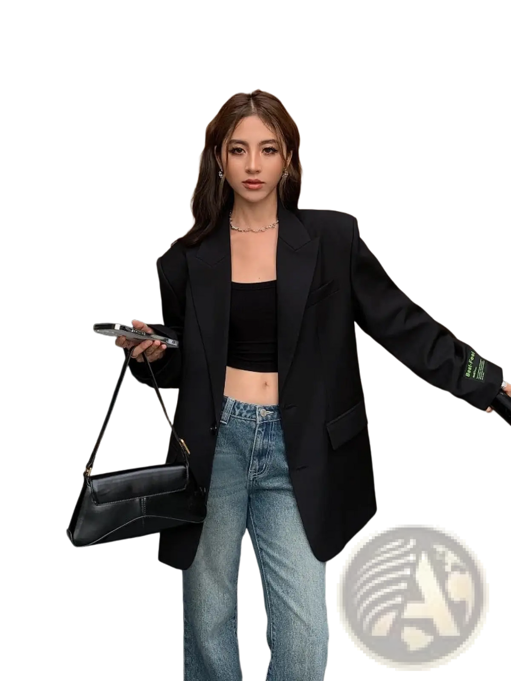 Black leather crossbody bag with sleek minimalist design and structured flap closure for oversized korean style women blazer jacket