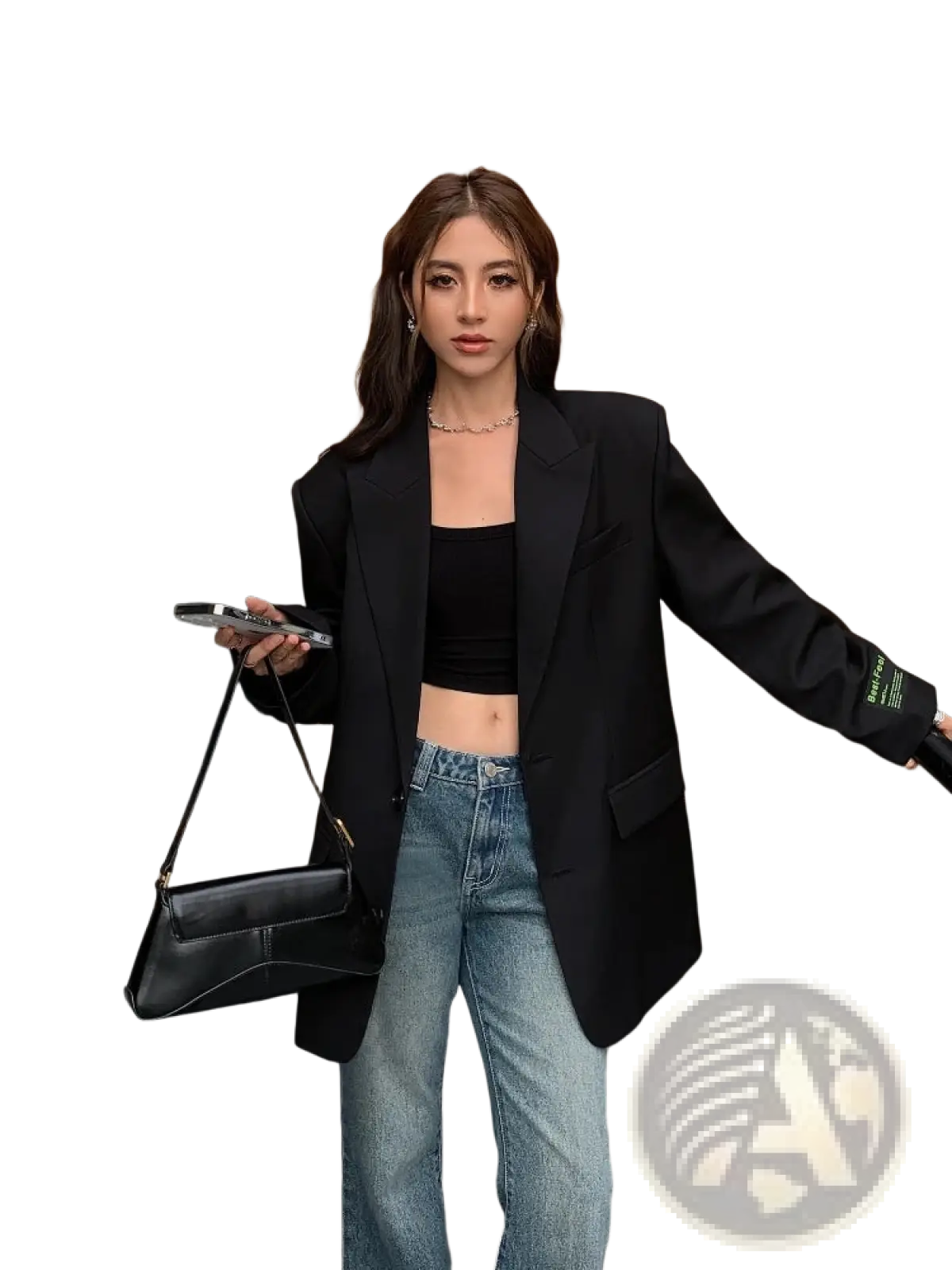 Black leather crossbody bag with sleek minimalist design and structured flap closure for oversized korean style women blazer jacket