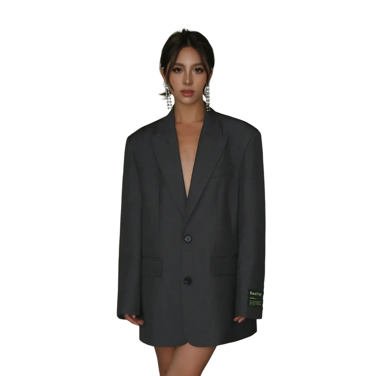 Dark gray oversized Korean style women blazer jacket with structured fit and two front buttons