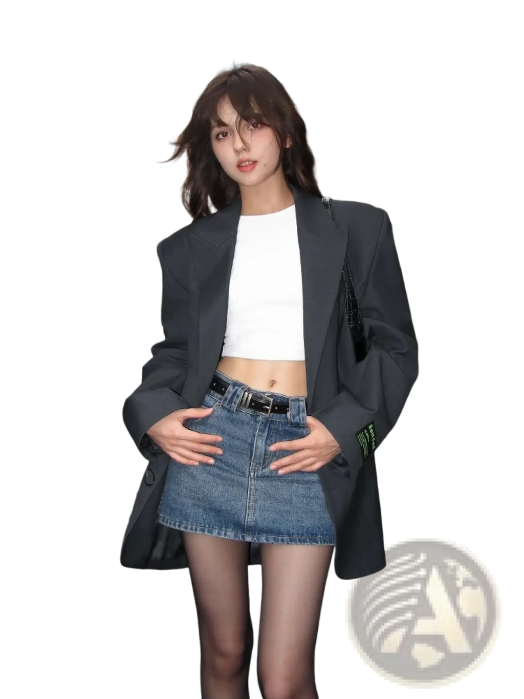 Gray oversized Korean style women blazer jacket with black belt and green logo detail made from soft fabric