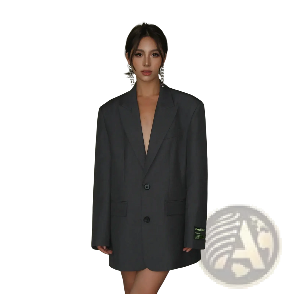 Dark gray oversized Korean style women blazer jacket with structured fit and two front buttons