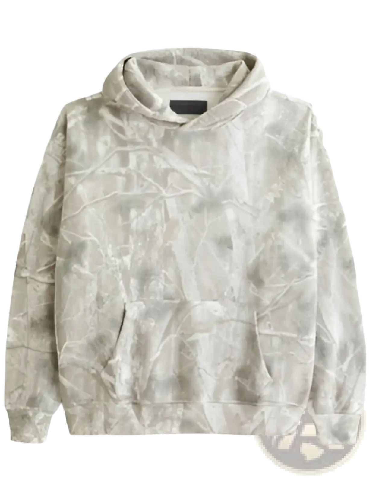 A soft light gray oversized leafy camouflage lantern sleeve hoodie with a subtle tree branch pattern and ribbed cuffs