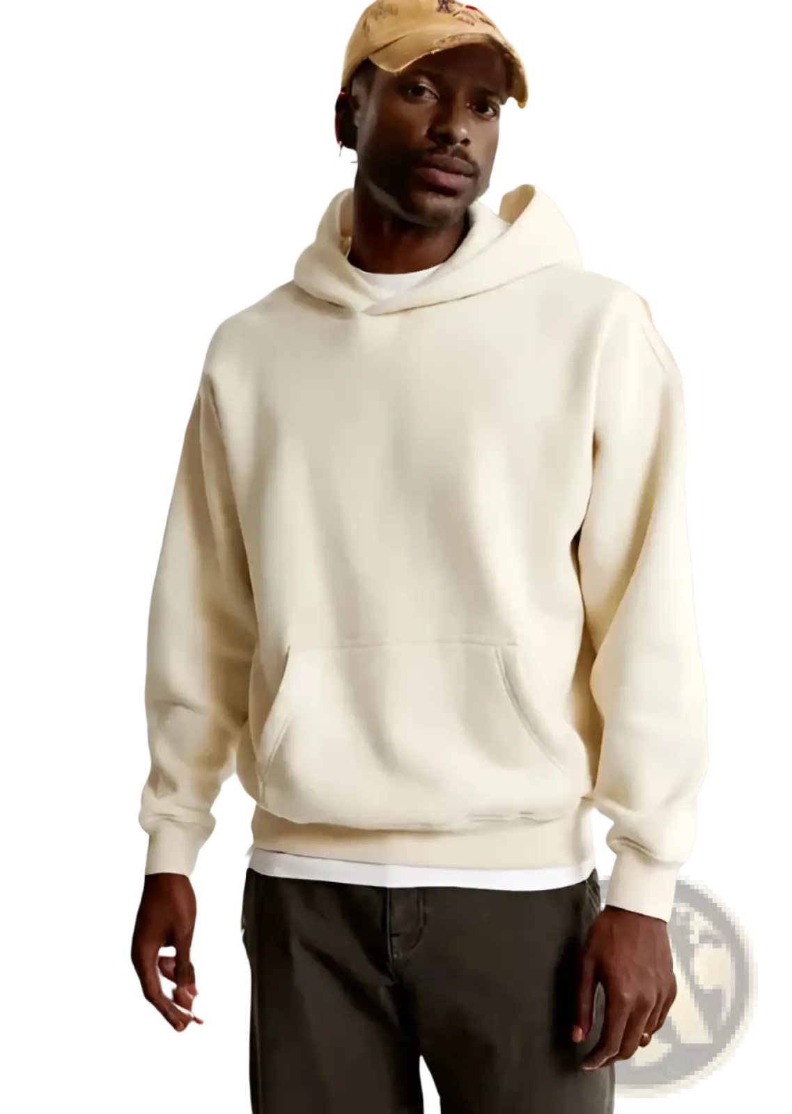 Cream-colored oversized leafy camouflage lantern sleeve hoodie made of soft cotton with relaxed fit and front pocket