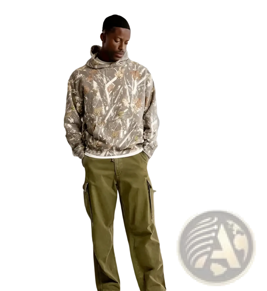 Oversized leafy camouflage lantern sleeve hoodie in soft textured fabric with beige and brown tones
