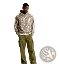 Oversized leafy camouflage lantern sleeve hoodie in soft textured fabric with beige and brown tones