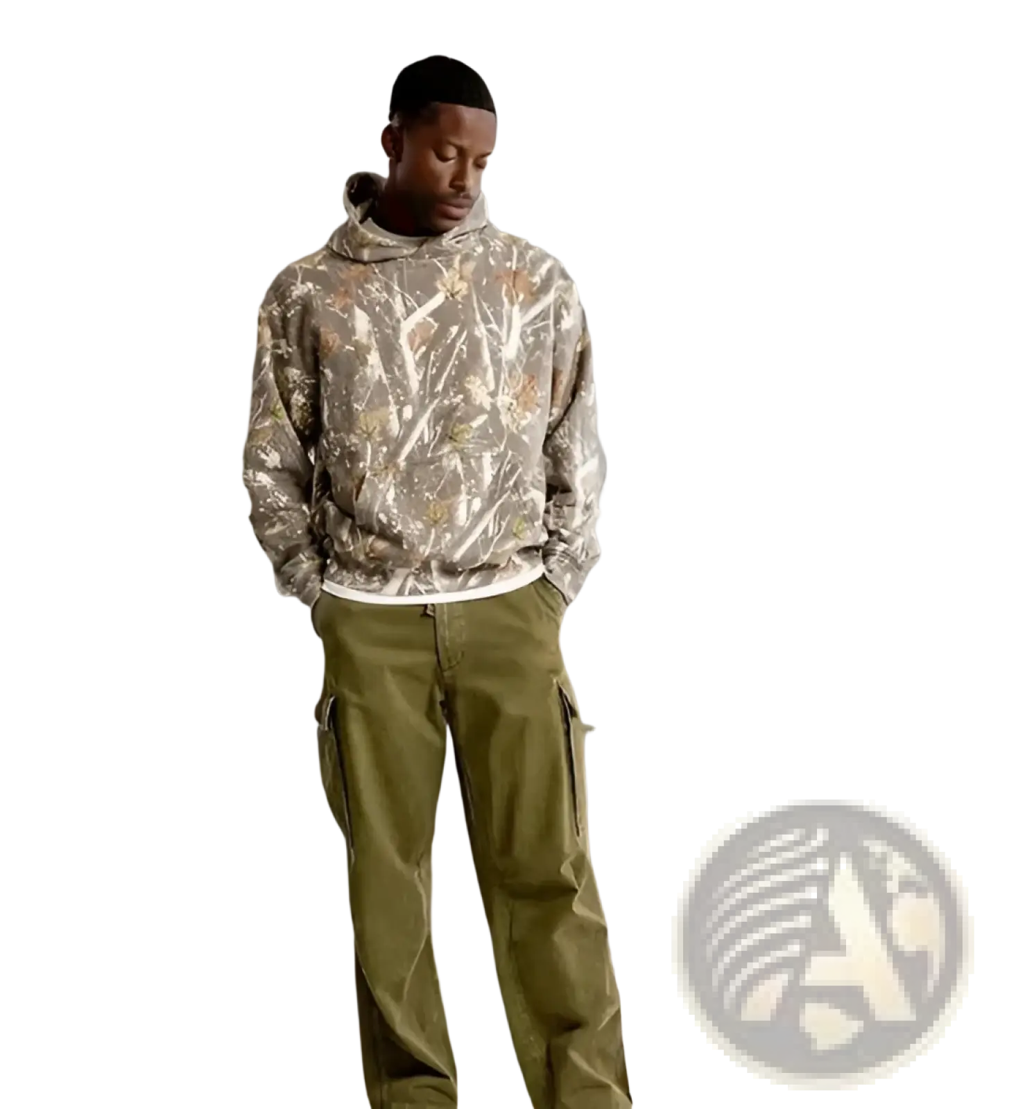 Oversized leafy camouflage lantern sleeve hoodie in soft textured fabric with beige and brown tones
