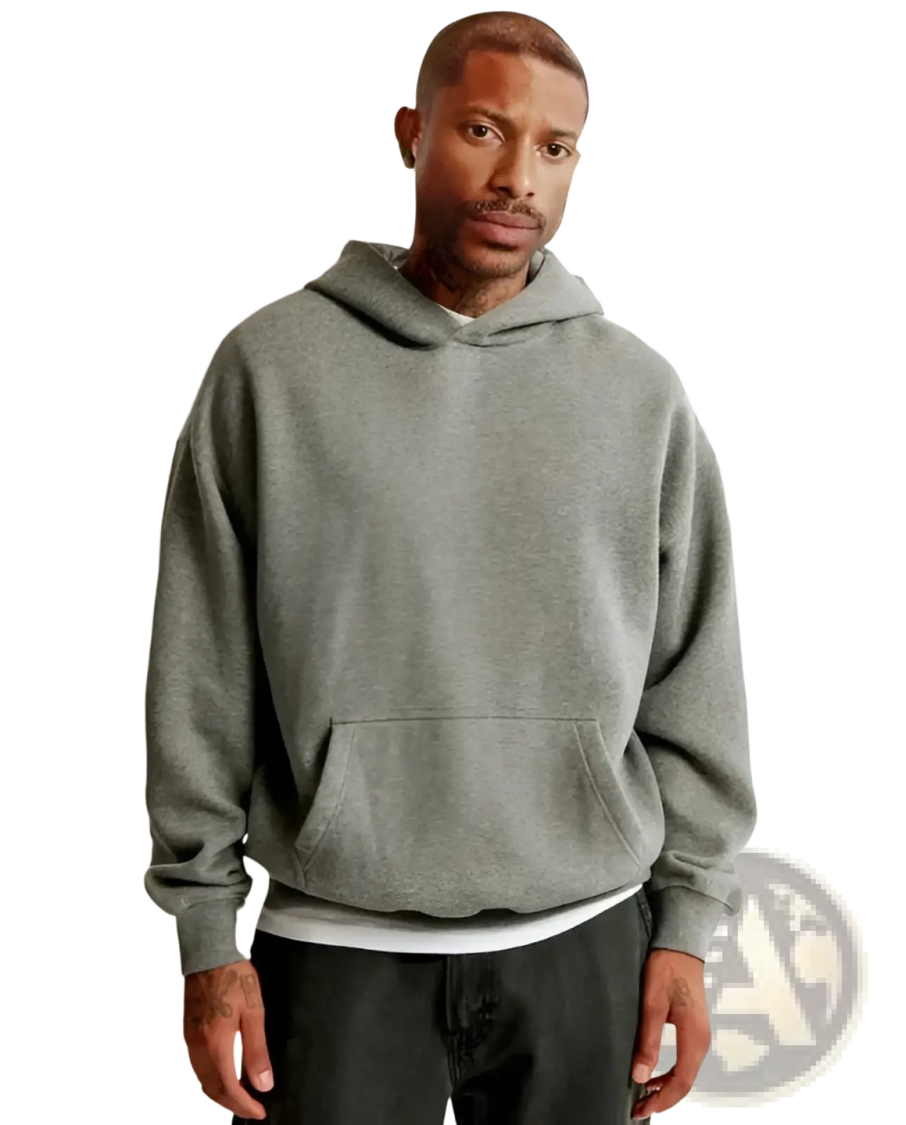 Gray oversized leafy camouflage lantern sleeve hoodie with soft textured fabric and front pouch pocket