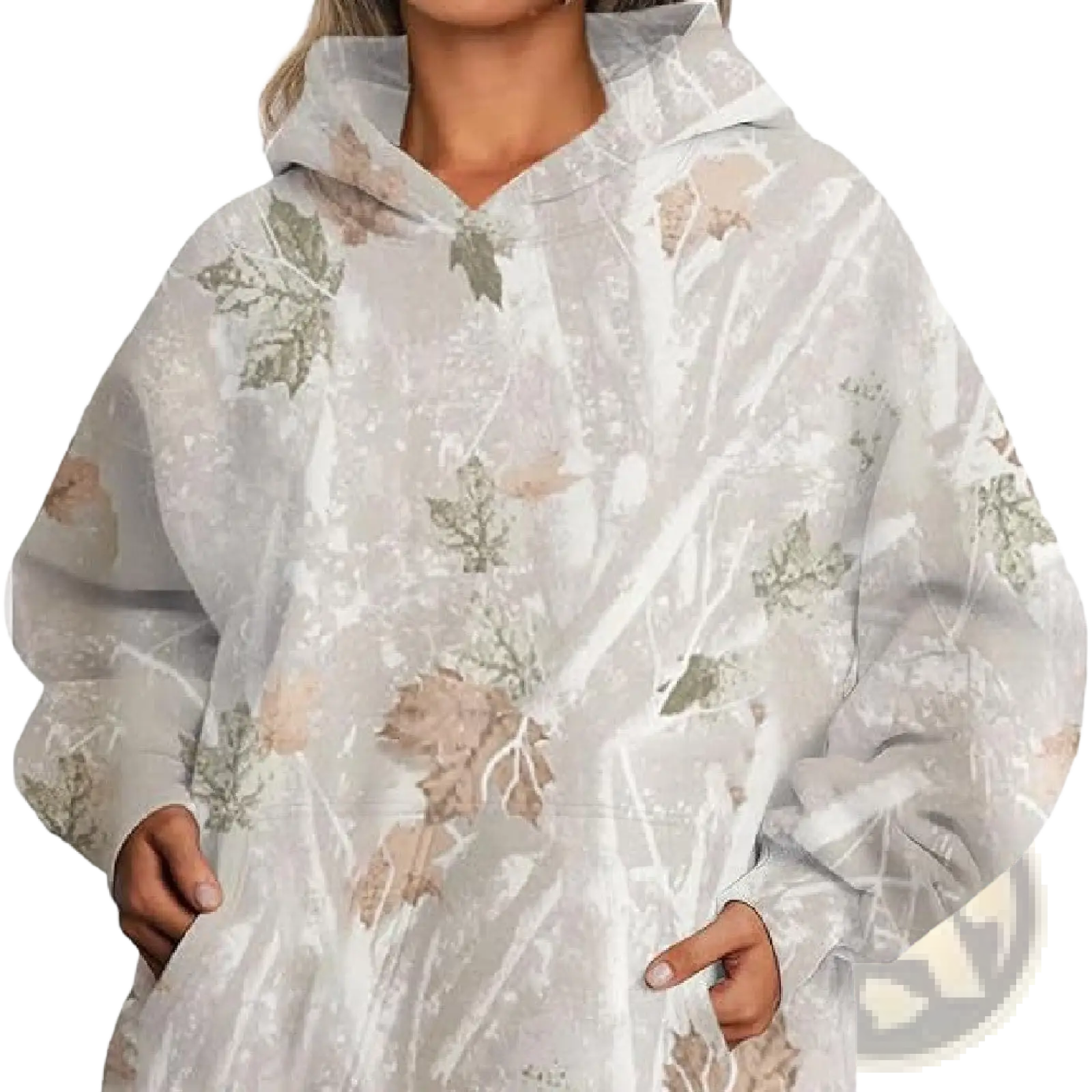 A soft oversized white hoodie with subtle muted green and brown leaf pattern featuring lantern sleeves