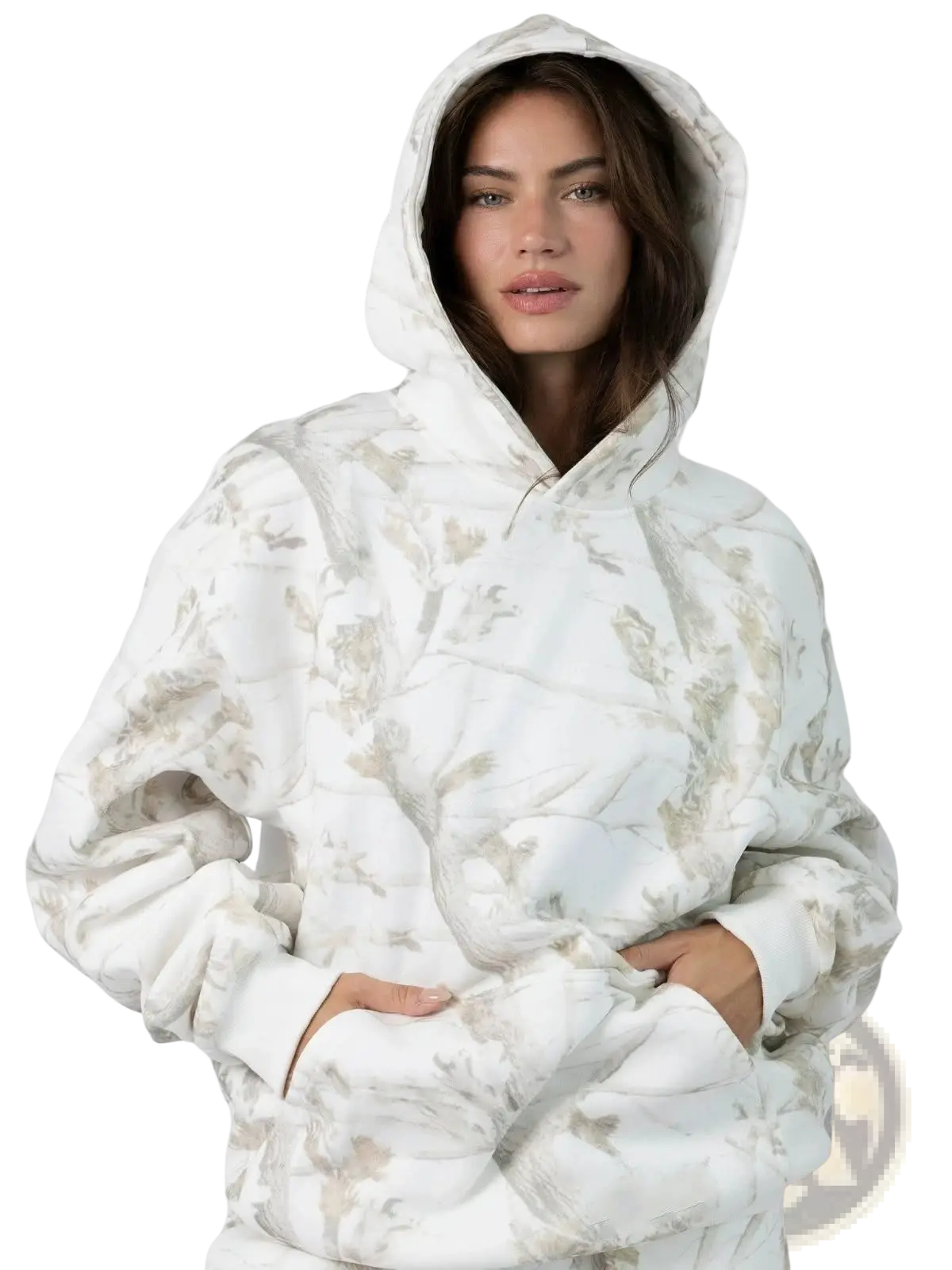 Oversized leafy camouflage lantern sleeve white hoodie with muted beige and gray floral pattern for casual wear