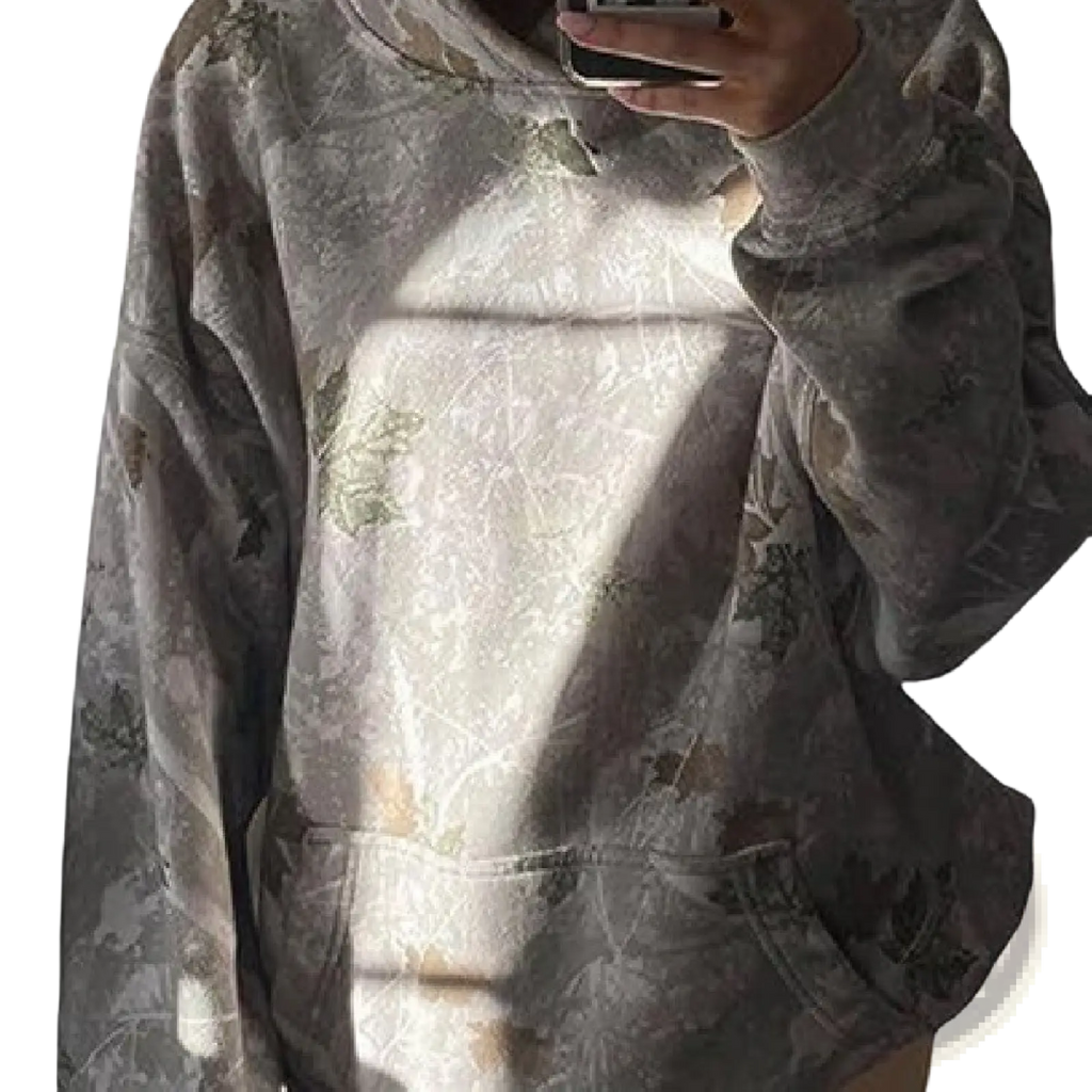 Oversized leafy camouflage lantern sleeve hoodie in muted camo with subtle leaf and branch motifs made of soft fabric