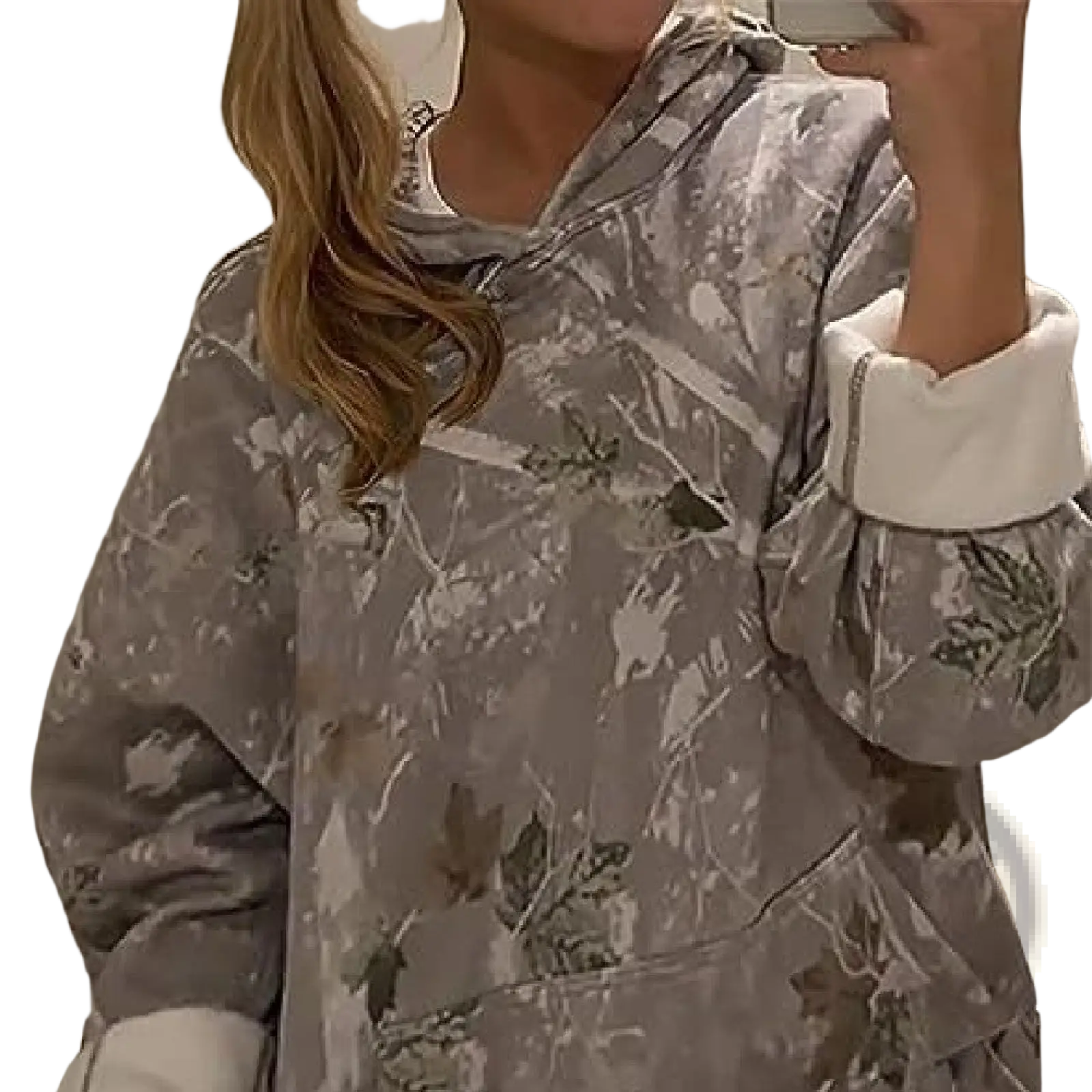 Gray oversized leafy camouflage hoodie with lantern sleeves and white ribbed cuffs in front view