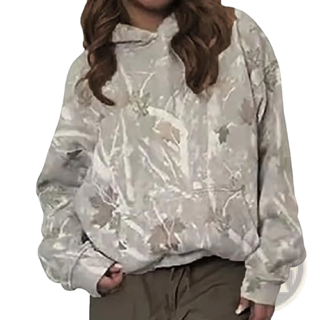Oversized leafy camouflage lantern sleeve hoodie in muted beige and gray with a subtle sheen and loose fit